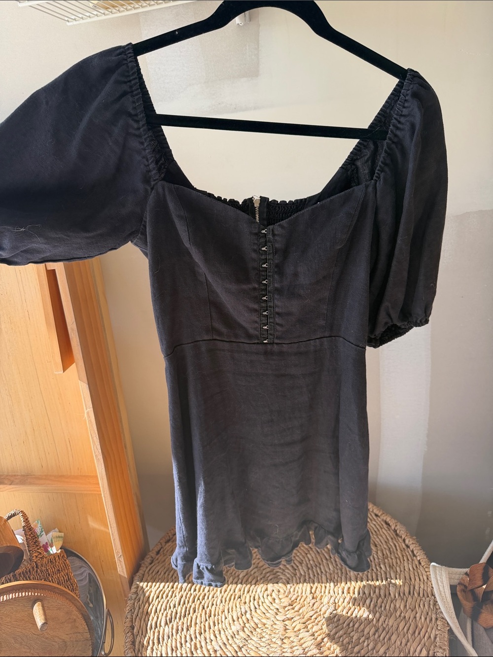 Reformation Black Square-Neck Puff Sleeve Tunic Dress
